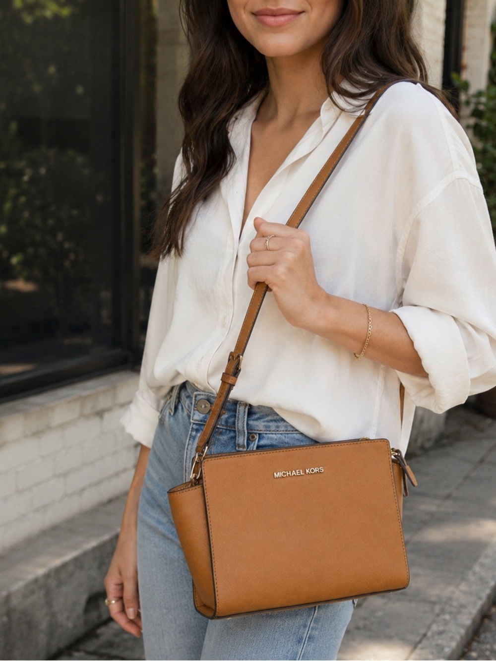 Michael Kors Jet Set Travel Saffiano Leather Crossbody Bag Luggage Brown